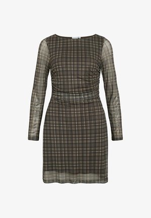 Vestido de cuadros marrón con mangas largas de gasa, detalles fruncidos en la cintura y escote barco. La tela presenta una textura translúcida ligera.