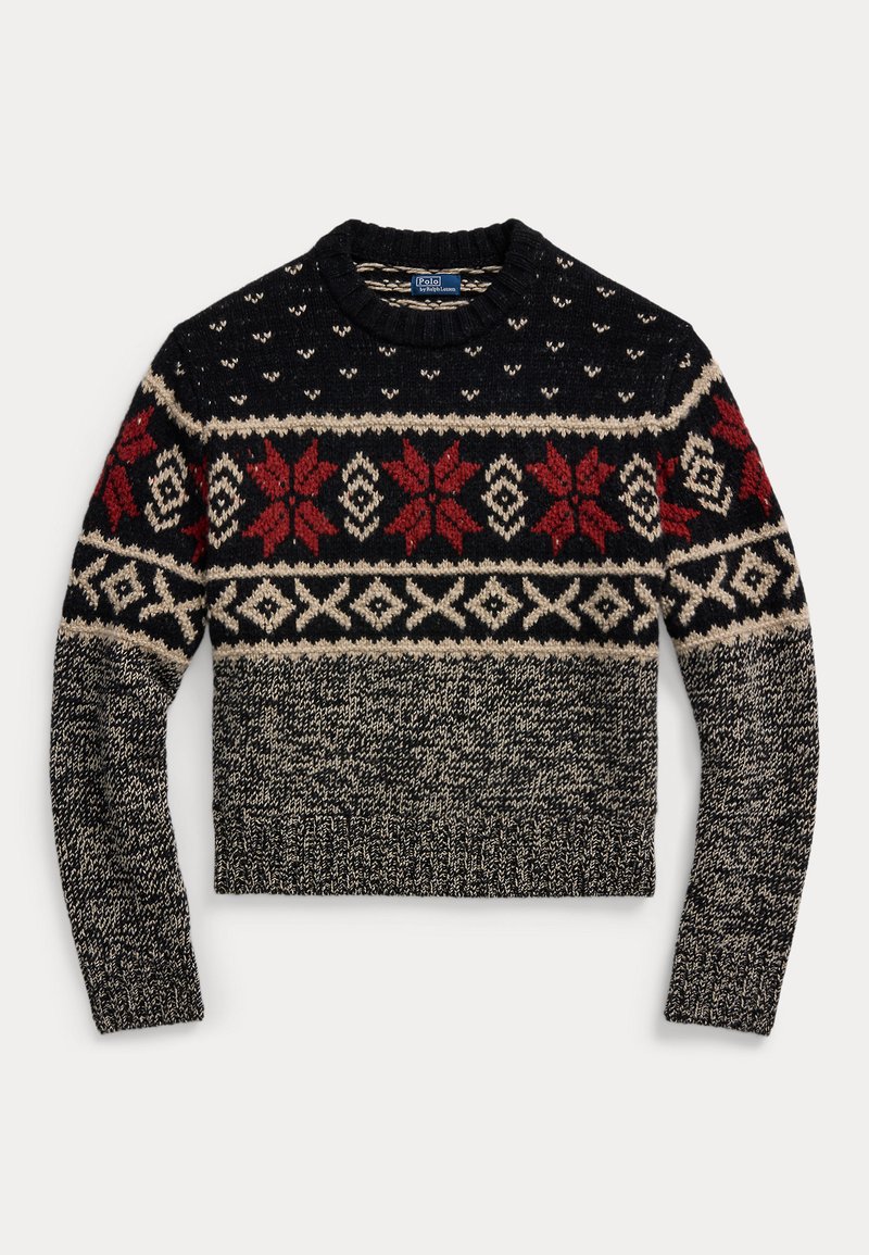 Sweter robiony na drutach o czarnym tle z wielokolorowymi wzorami, w tym czerwonymi kwiatami i kształtami diamentów, oraz fakturowanymi brzegami.