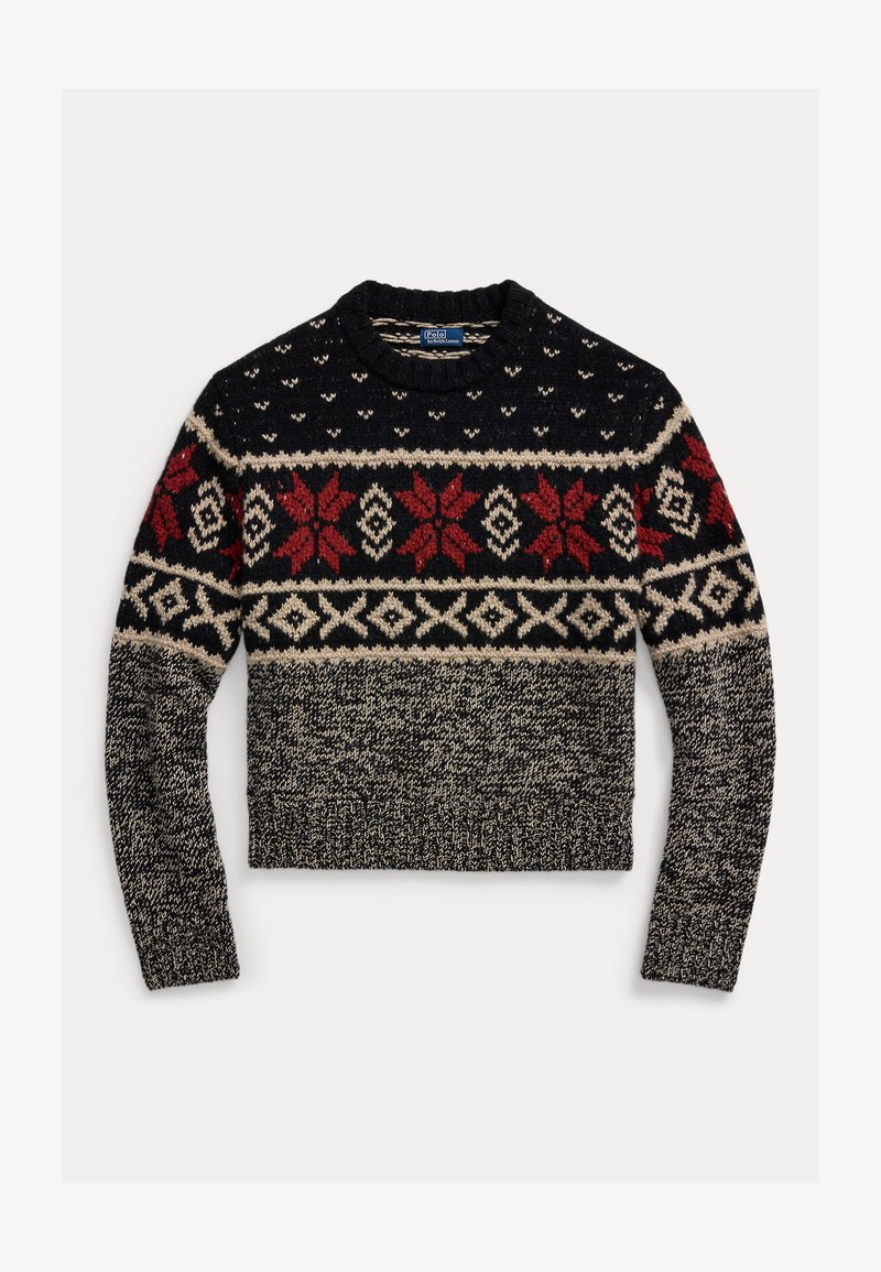 Pulover tricotat cu o bază neagră și modele multicolore, inclusiv flori roșii și forme de diamante, cu margini texturate.