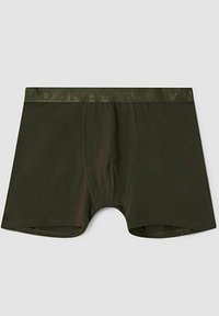 Boxer-briefs verts foncés au toucher lisse, dotés d'une large ceinture élastique embossée du nom de la marque.