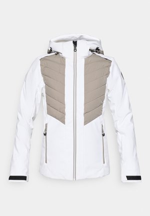 Valge suusaparka halli chevron-mustriga rinnaosas, lukuga ees, reguleeritav kapuuts ja elastsed mansetid. Omab küljetaskuid.