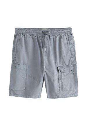 Lysegrå herrecargoshorts med elastisk talje, snor, sidelommer og knaplukning på lommerne på begge ben.
