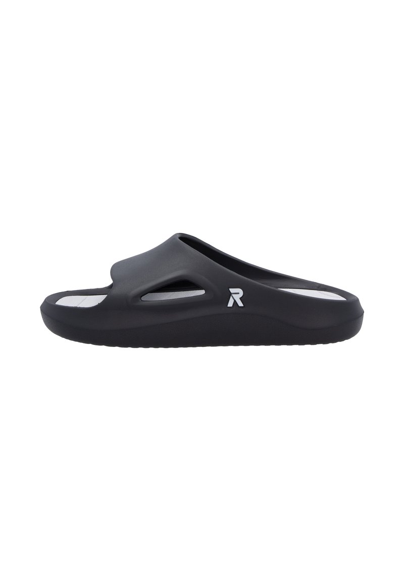 Sandale noire à glissière fabriquée en matériau flexible et texturé. Elle présente un dos et des côtés ouverts avec une semelle intérieure blanche et un logo sur le côté extérieur.