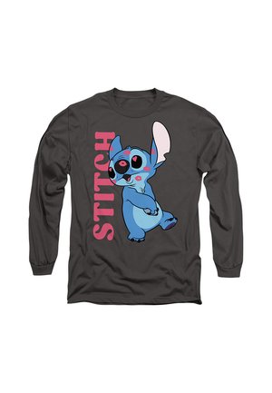 Dark long-sleeve shirt featuring blue cartoon character Stitch with pink lipstick marks and "STITCH" in large pink letters.
