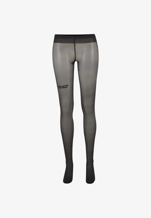 Czarne przezroczyste rajstopy z graficznym napisem na lewym udzie: "RYZYKO JEST LEPSZE NIŻ ŻAL." Gładka tekstura i dopasowany krój.