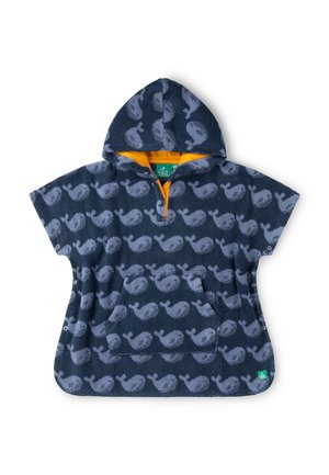 Marineblauer Kapuzenponcho mit hellblauem Wal-Muster, Fronttasche, kurzen Ärmeln, Seitenschnallen und oranger Innenseite der Kapuze.