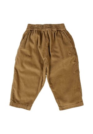 Pantalon en velours côtelé marron pour tout-petit avec une taille élastique, des poches latérales et un petit symbole de main brodé sur la jambe droite.