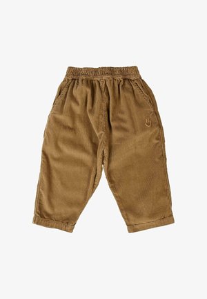 Pantaloni in corduroy marrone per bambini con vita elastica, tasche laterali e un piccolo simbolo a mano ricamato sulla gamba destra.