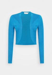 Blå stickad cardigan med långa ärmar, öppen frontdesign och texturerade detaljer längs kanterna. Lättviktig, avslappnad passform.
