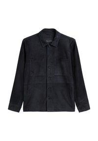 Schwarze Wildlederjacke mit Knopfleiste, zwei Brusttaschen und langen Ärmeln. Glatte Textur und klassisches Kragenmuster.