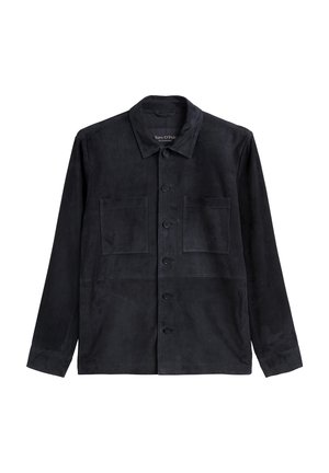 Schwarze Wildlederjacke mit Knopfleiste, zwei Brusttaschen und langen Ärmeln. Glatte Textur und klassisches Kragenmuster.