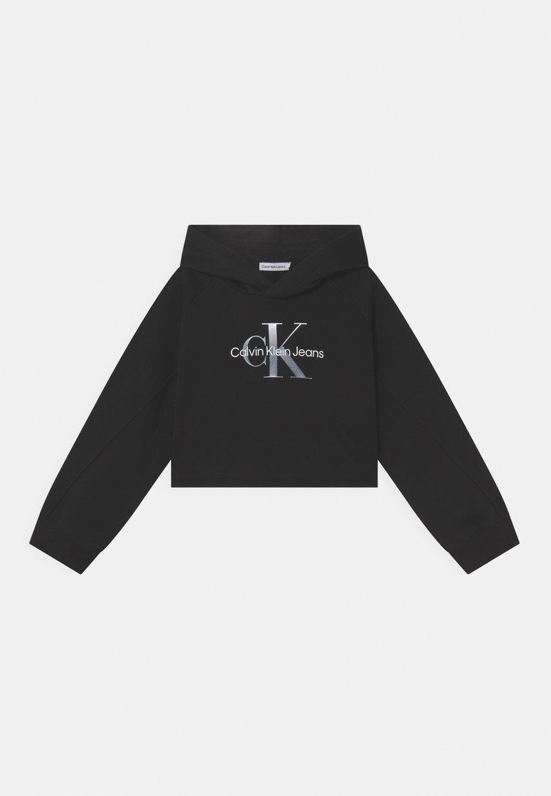 Hoodie noir court à manches longues, avec un logo argenté "CK" et le texte "Calvin Klein Jeans" sur le devant.
