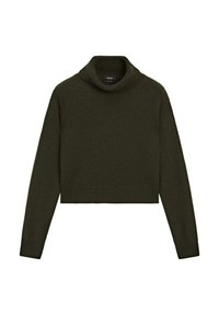Maglione corto a collo alto verde scuro con maniche lunghe e polsini, collo e orlo a coste, esposto su uno sfondo bianco.