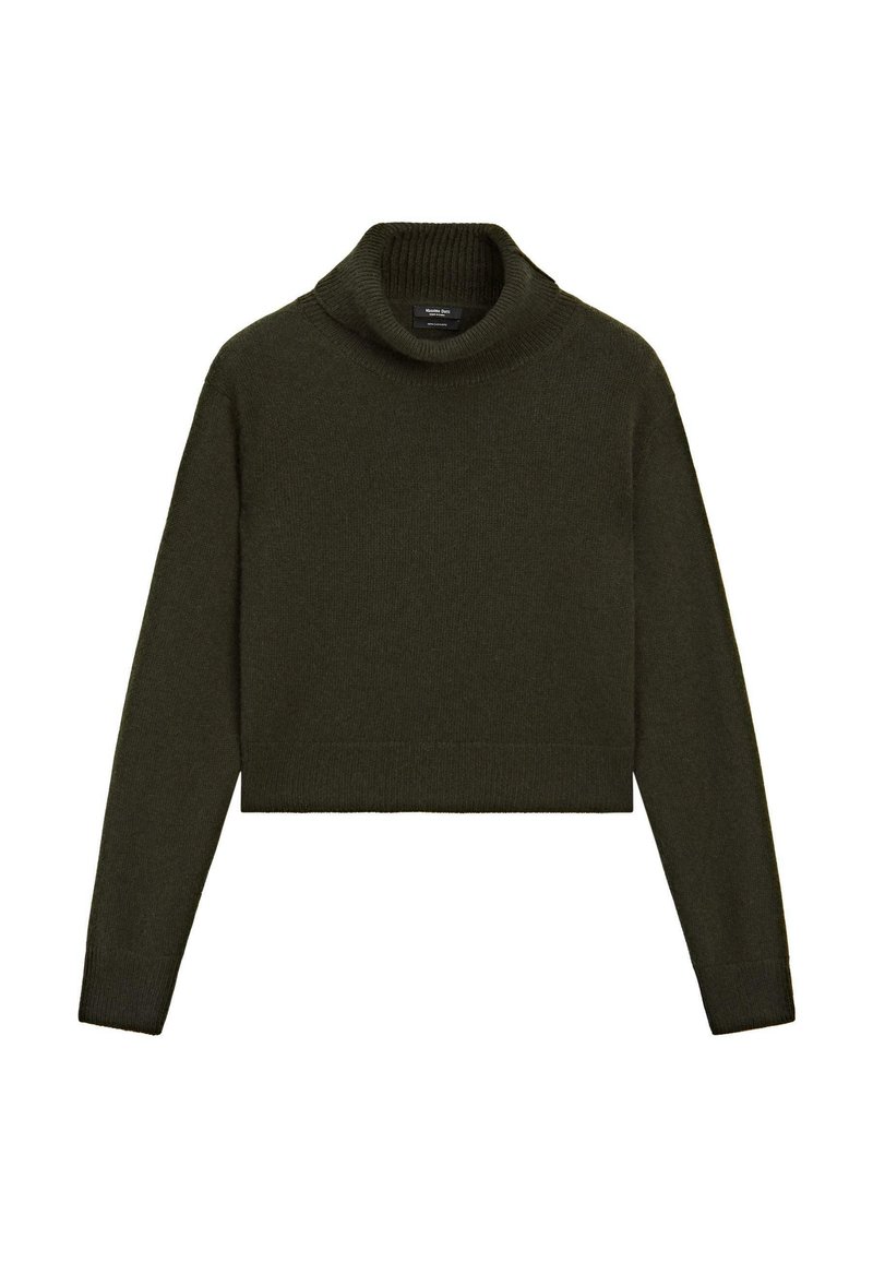 Maglione corto a collo alto verde scuro con maniche lunghe e polsini, collo e orlo a coste, esposto su uno sfondo bianco.
