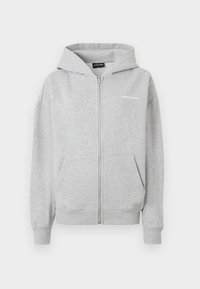 Graue Zip-Hoodie aus weichem Stoff. Mit einer Fronttasche, gerippten Bündchen und einer Kapuze. Kleines Logo auf der Brust bedruckt.