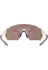 Sportzonnebril met een groot, rechthoekig, bruin getint glas, een wit frame en grijze tempelaccenten. Inclusief een centrale neusbrug.