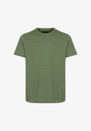 Zöld, rövid ujjú póló puha, textúrált anyagból, kerek nyakkal. Finom melírozott mintával és egyenes fazonnal rendelkezik.