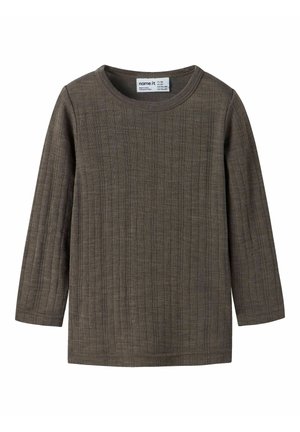 Langærmet, olivengrøn bomuldsskjorte med ribbet struktur, rundet halsudskæring og lige kant. Label synlig ved halsudskæringen.