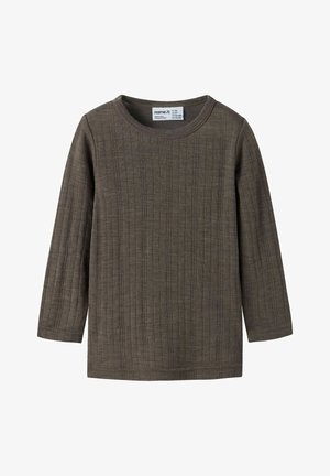 Langærmet, olivengrøn bomuldsskjorte med ribbet struktur, rundet halsudskæring og lige kant. Label synlig ved halsudskæringen.