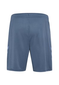 Blauwe sportshorts met elastische tailleband en subtiele reflecterende strepen aan de zijkanten, gezien vanuit de achterkant.