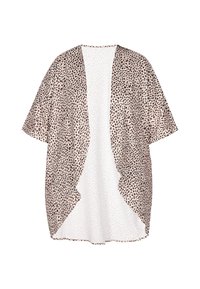 Leopárdmintás, világos bézs és barna színű, kimono stílusú kardigán. Rövid ujjakkal, nyitott elülső résszel és légies, könnyű anyaggal rendelkezik.