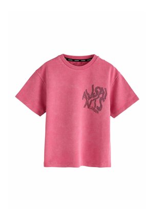 Pink short-sleeve cotton t-shirt with black distorted "ALLSAINTS LONDON" text on the left chest.