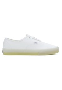 Witte Vans-sneakers met een gladde stof, ronde neus, vetersluiting en een doorzichtige rubberen zool. Eenvoudige en klassieke silhouet.