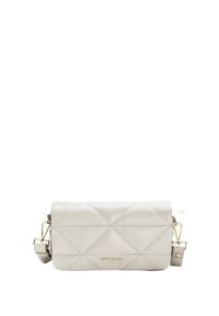 Gepolsterte graue Leder-Handtasche in rechteckiger Form, mit goldenen Beschlägen und einem verstellbaren Riemen. Auffälliges Rautenmuster über die Oberfläche.