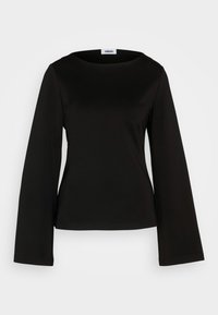 T-shirt noir à manches longues avec un col arrondi, texture lisse et manches légèrement évasées. Fabriqué en tissu doux et extensible.