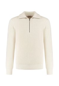 Crème geribde gebreide trui met een half-rits kraag, lange mouwen en een gestructureerde afwerking. Slank model, geschikt voor het laagjes dragen.
