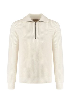 Kremowy sweter z prążkowanej dzianiny z półzamkiem, długimi rękawami i fakturowanym wykończeniem. Dopasowany krój, idealny do noszenia w warstwach.