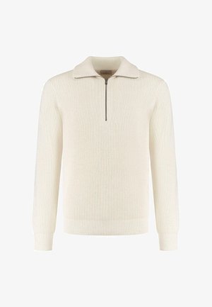 Crème geribde gebreide trui met een half-rits kraag, lange mouwen en een gestructureerde afwerking. Slank model, geschikt voor het laagjes dragen.