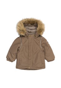 Brun isoleret jakke med hætte i kunstpels, elastiske manchetter og sidelommer. Har grå accenter og lukning med knapper foran.