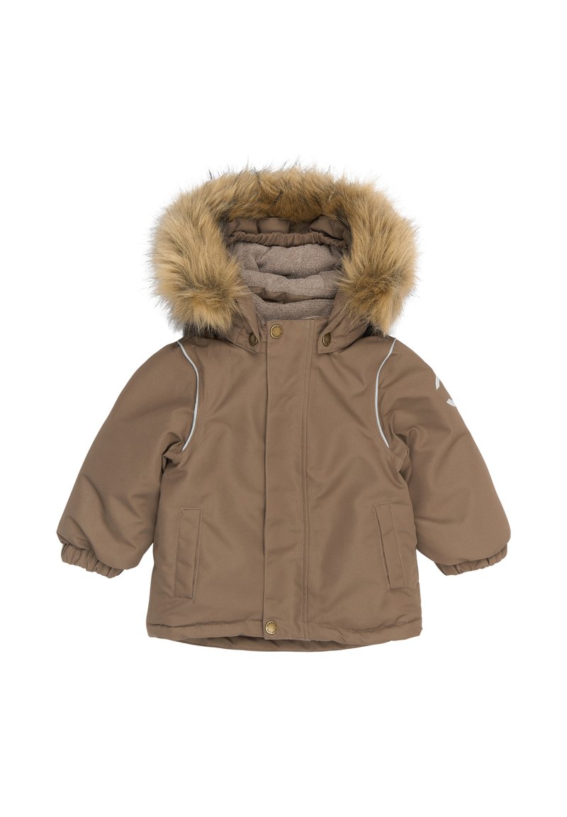 Brun isoleret jakke med hætte i kunstpels, elastiske manchetter og sidelommer. Har grå accenter og lukning med knapper foran.