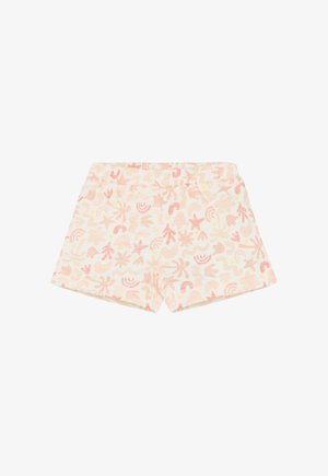 Shorts aus weicher Baumwolle mit einem hellen Pastellhintergrund, versehen mit einem mehrfarbigen abstrakten Muster aus Formen und verspielten Designs.