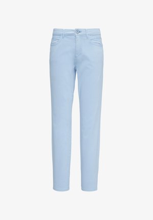 Hellblaue Baumwollhosen mit Fünf-Taschen-Design, Gürtelschlaufen und Knopfschluss. Gerader Schnitt und glatte Textur.