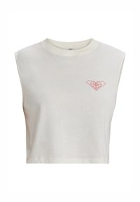 Cropped sleeveless top in cream cotton with a round neckline. Features a red heart-shaped logo on the left chest. Smooth texture.