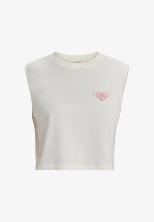 Top senza maniche cropped in cotone crema con scollatura rotonda. Presenta un logo a forma di cuore rosso sul lato sinistro del petto. Texture liscia.