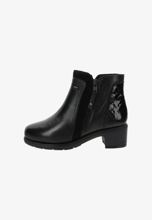 Zwarte enkelboots met een glad leren bovenkant, een gestructureerde lakleren accent, een zijrits en een lage blokhak.