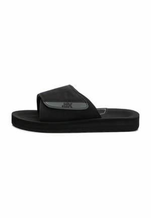 Sandalias de slide negras con un empeine acolchado, punta abierta y una plantilla texturizada. El diseño incluye un elegante acento de logo en la correa.