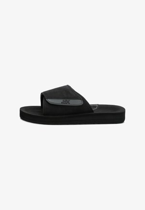 Sandalias de slide negras con un empeine acolchado, punta abierta y una plantilla texturizada. El diseño incluye un elegante acento de logo en la correa.