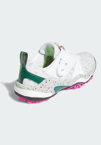 Vita atletiska skor med en nätovandel, gröna accenter, gråspräcklig mellansula och rosa sula. Utrustad med ett Boa-snörningssystem för justering.