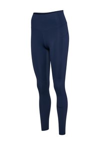 Marineblå leggings lavet af strækbart stof med høj talje. Har en sidelomme, glat tekstur og minimal branding nederst.