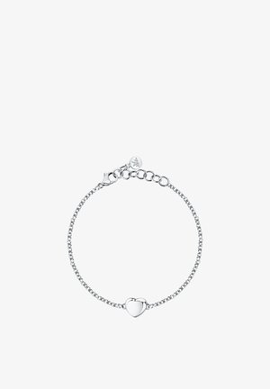 Bracciale in argento con ciondolo a forma di cuore lucido, delicati anelli e chiusura a gancio con lunghezza regolabile.