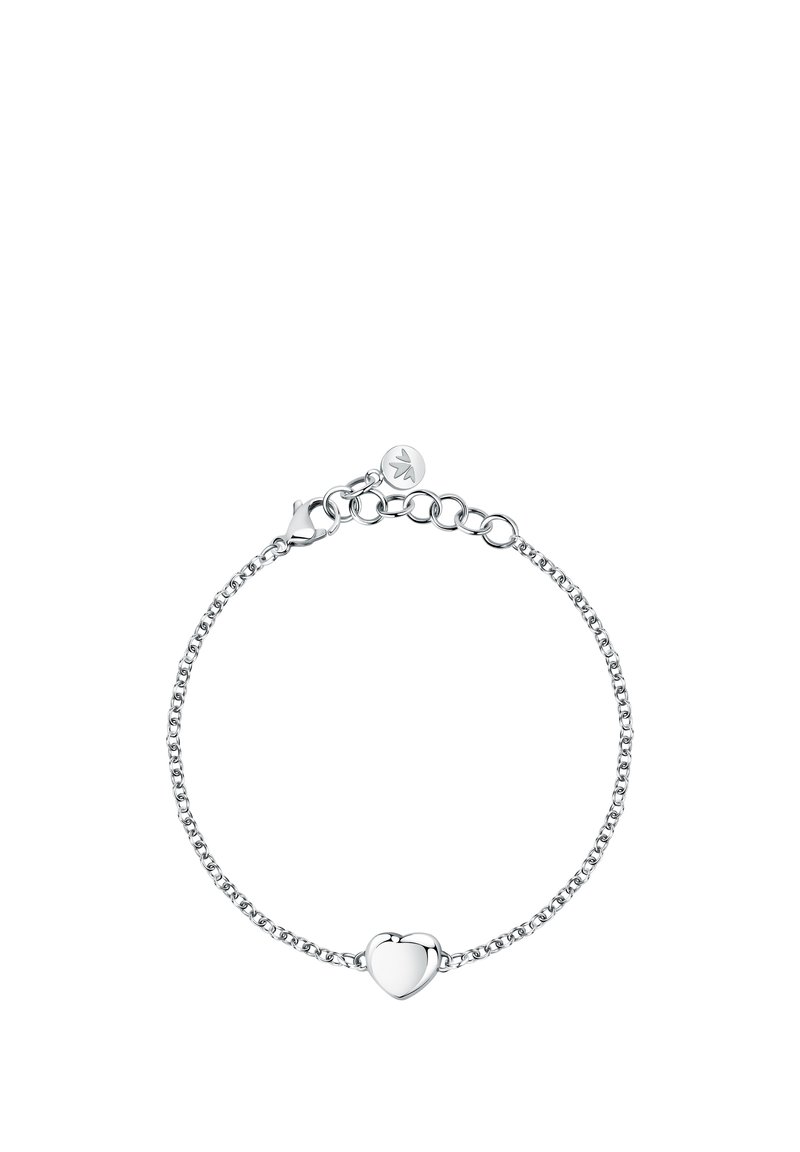 Bracciale in argento con ciondolo a forma di cuore lucido, delicati anelli e chiusura a gancio con lunghezza regolabile.