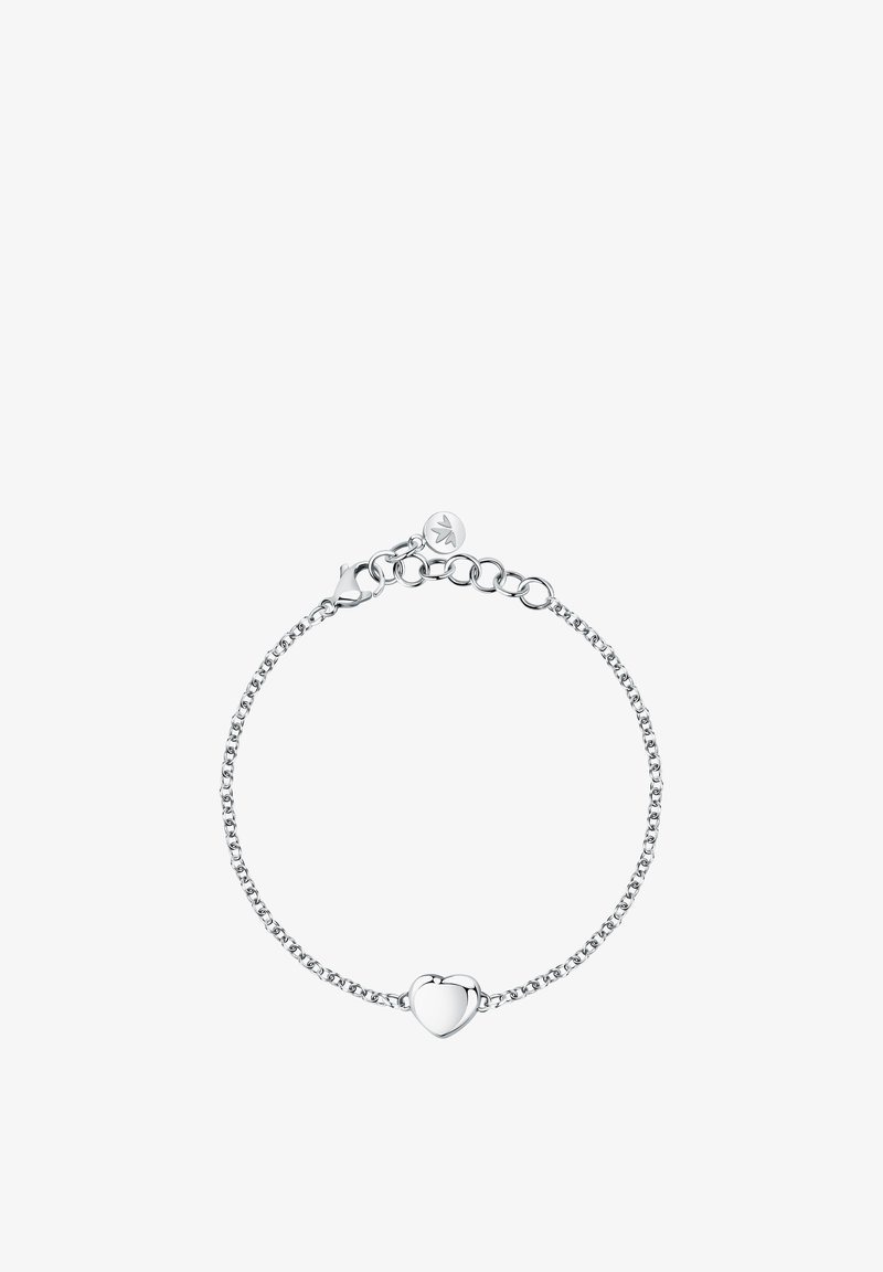 Bracciale in argento con ciondolo a forma di cuore lucido, delicati anelli e chiusura a gancio con lunghezza regolabile.