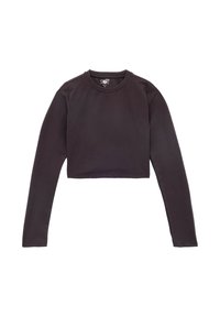 Schwarzes, kurz geschnittenes Langarmshirt aus glattem, dehnbarem Stoff mit rundem Ausschnitt und ohne erkennbare Muster oder Verzierungen.