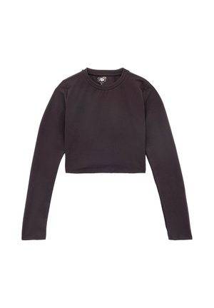 Schwarzes, kurz geschnittenes Langarmshirt aus glattem, dehnbarem Stoff mit rundem Ausschnitt und ohne erkennbare Muster oder Verzierungen.