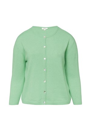 Hellgrüne, langärmlige Strickjacke mit rundem Ausschnitt und sieben Frontknöpfen, vor einem schlichten weißen Hintergrund präsentiert.