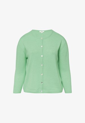 Hellgrüne, langärmlige Strickjacke mit rundem Ausschnitt und sieben Frontknöpfen, vor einem schlichten weißen Hintergrund präsentiert.